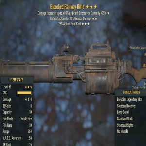 Bloodied Explode 25AP Cost Railway Rifle 3 Stars Level 50 PC