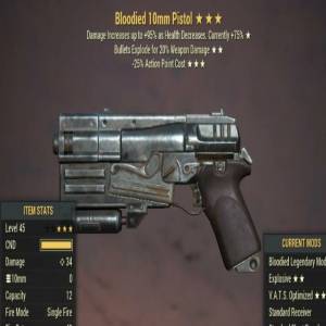 Bloodied Explode 25AP Cost 10mm Pistol 3 Stars Level 45 PC